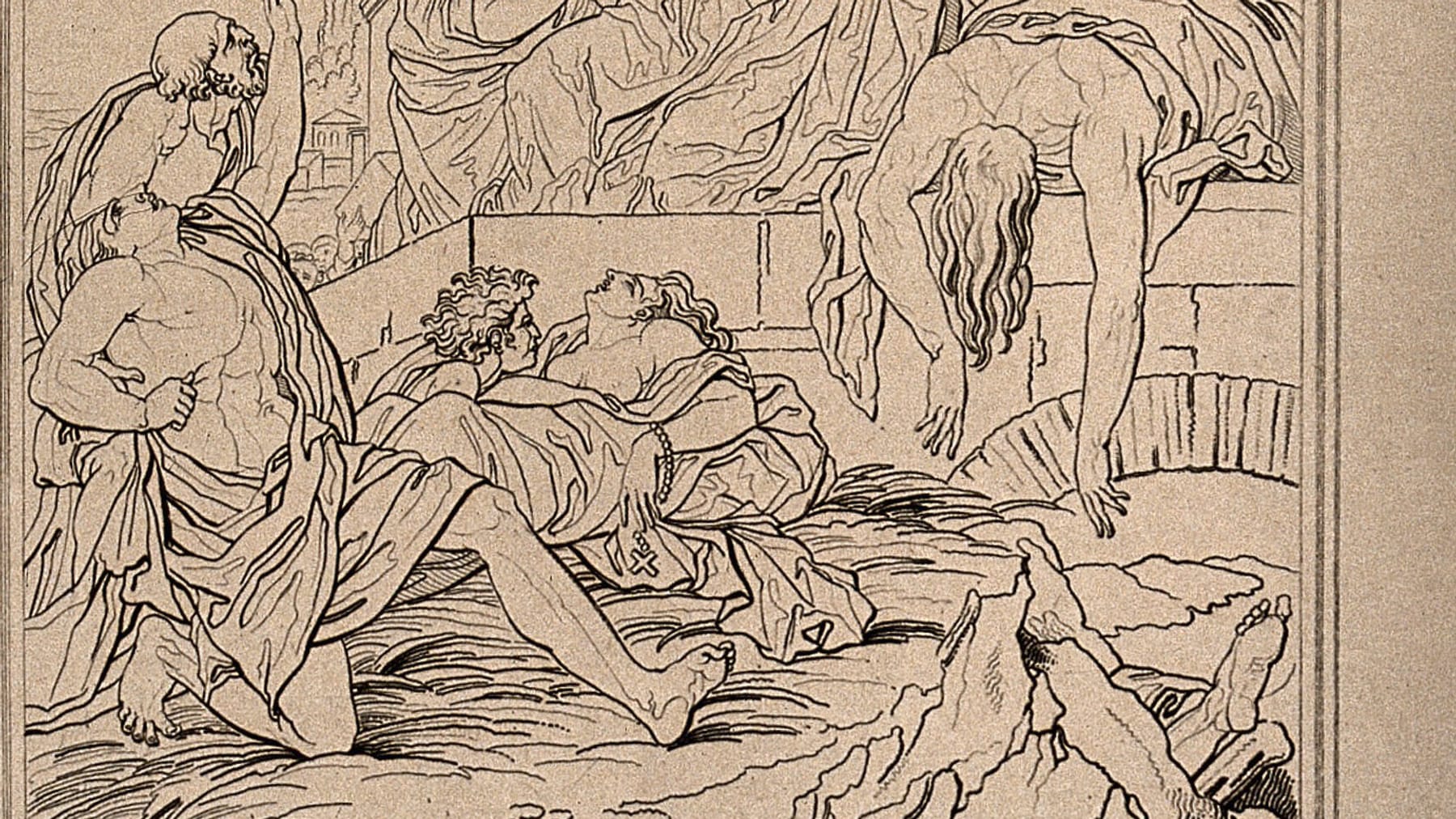 Gravure ancienne : des Parisiens malades de l’ergotisme, allongés et implorants