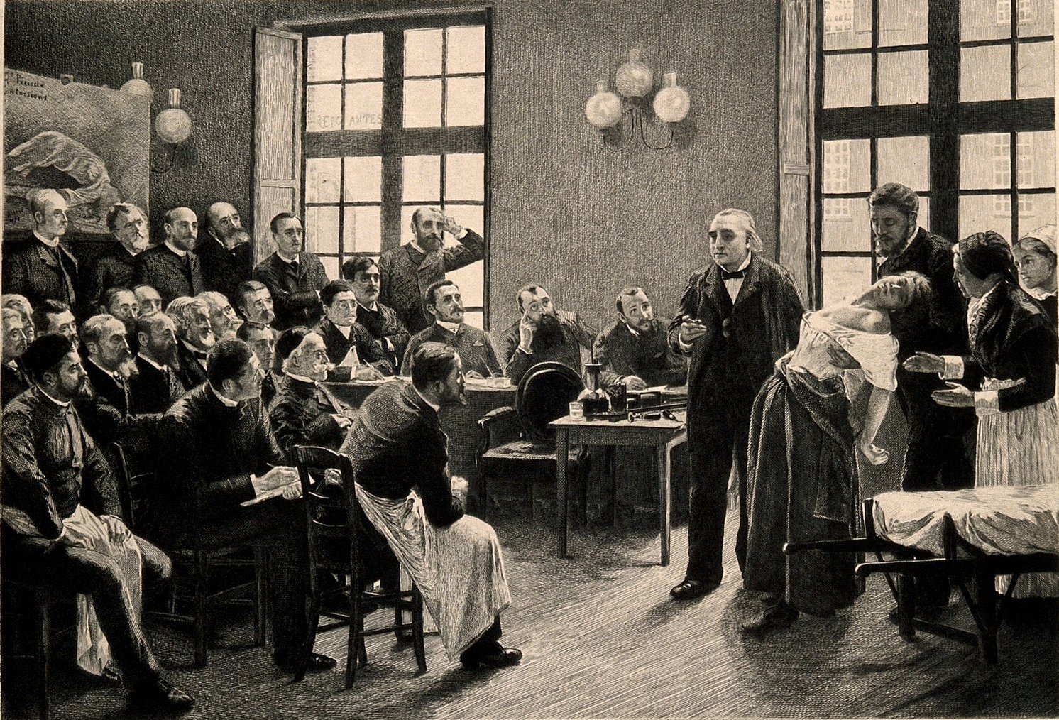 Charcot présente une patiente hypnotisée à la Salpêtrière : eau-forte d’A. Lurat, 1888, d’après le tableau de P. A. A. Brouillet (1887).