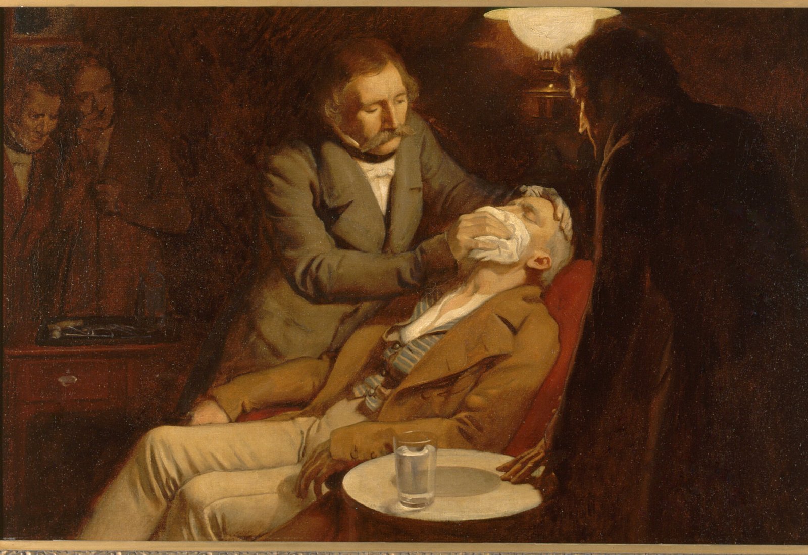 Le premier recours à l’éther en chirurgie dentaire, 1846. Huile sur toile d’Ernest Board, peinte au début du XXe siècle.